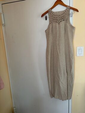 Sleeveless Crochet Yoke Maxi Dress in Beige